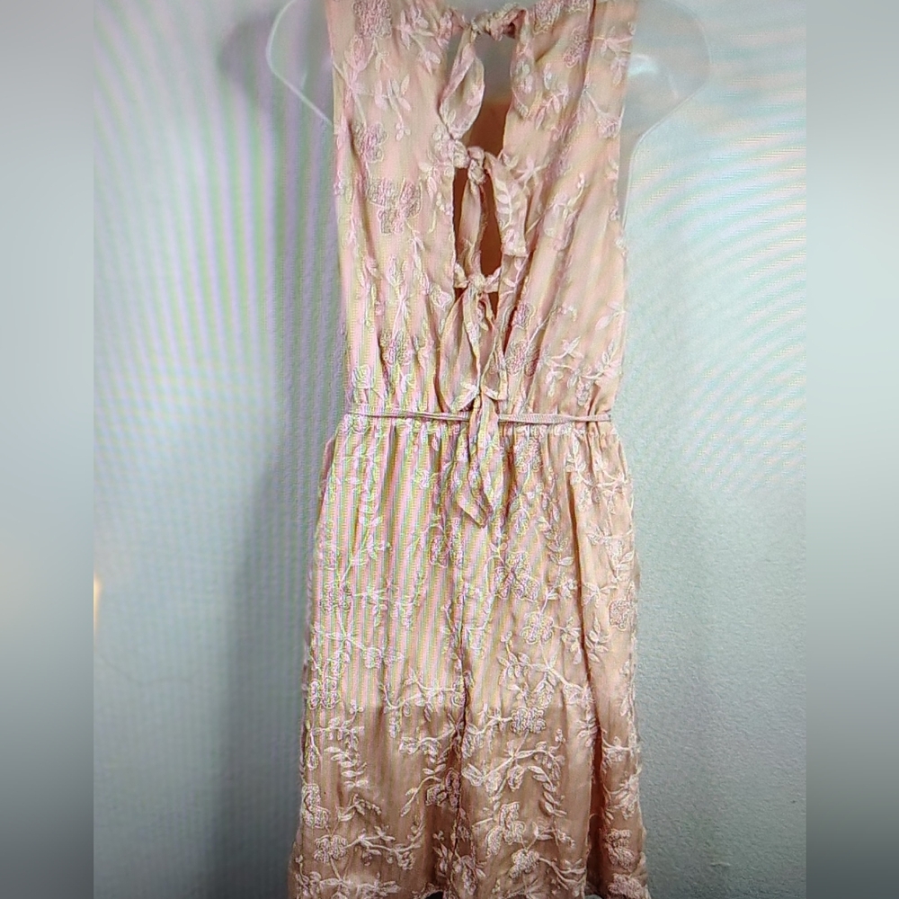 ANTHROPOLOGIE SUNDAY IN BROOKLYN ROMANTIC PINK FLORAL SELF TIES  BACK DRESS SZ L